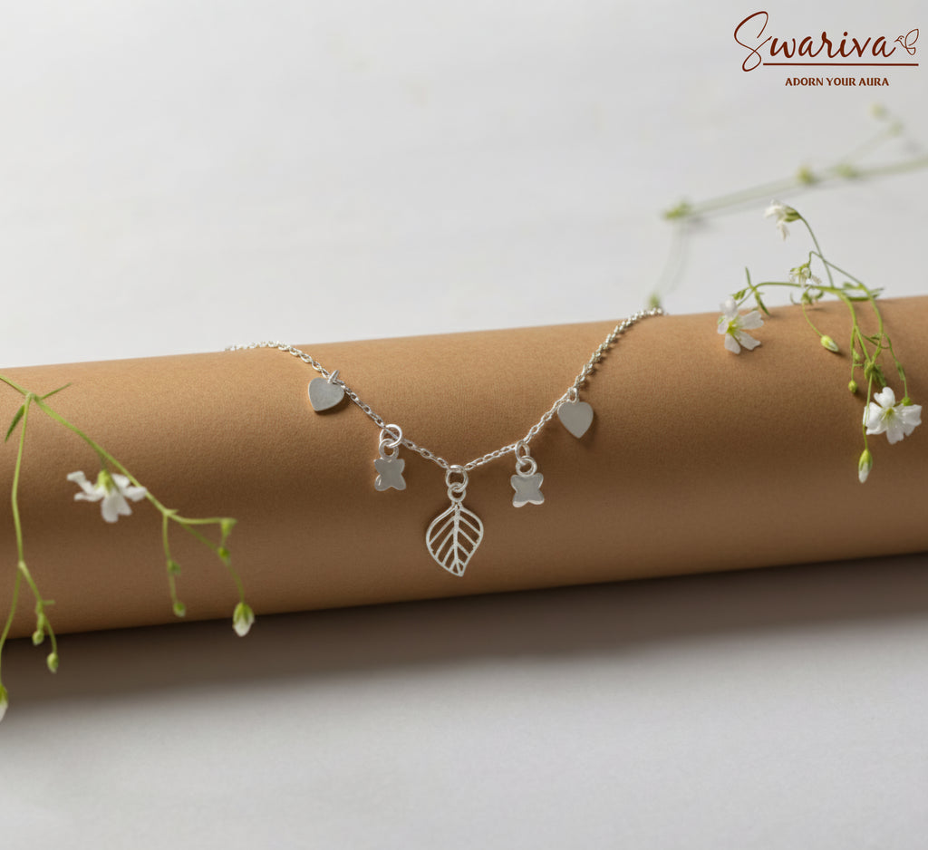 Silver Leaf & Love Charm Bracelet