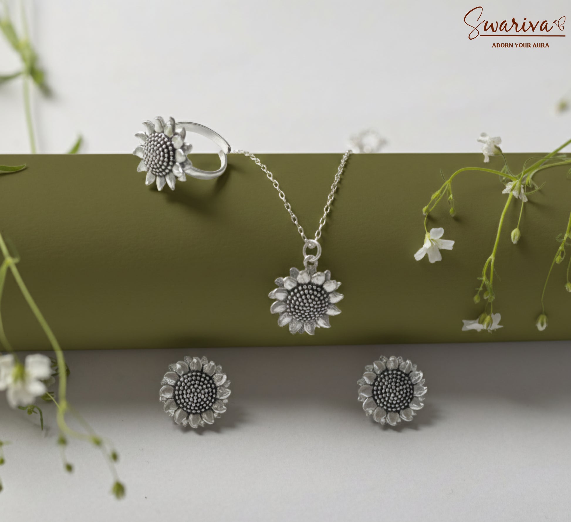 Silver Sunflower Necklace Earring Ring Set