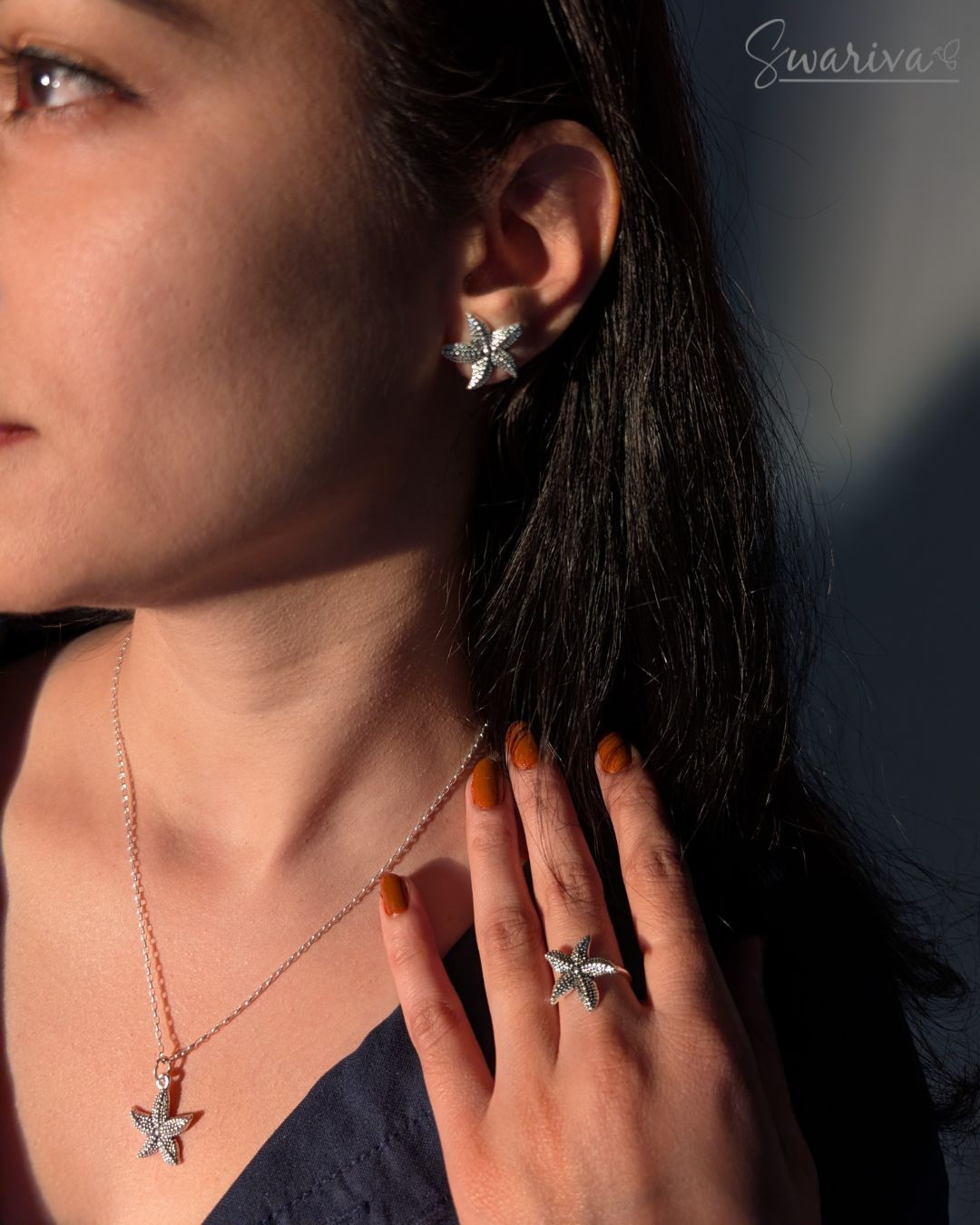 Silver Starfish Necklace Earring Ring Set