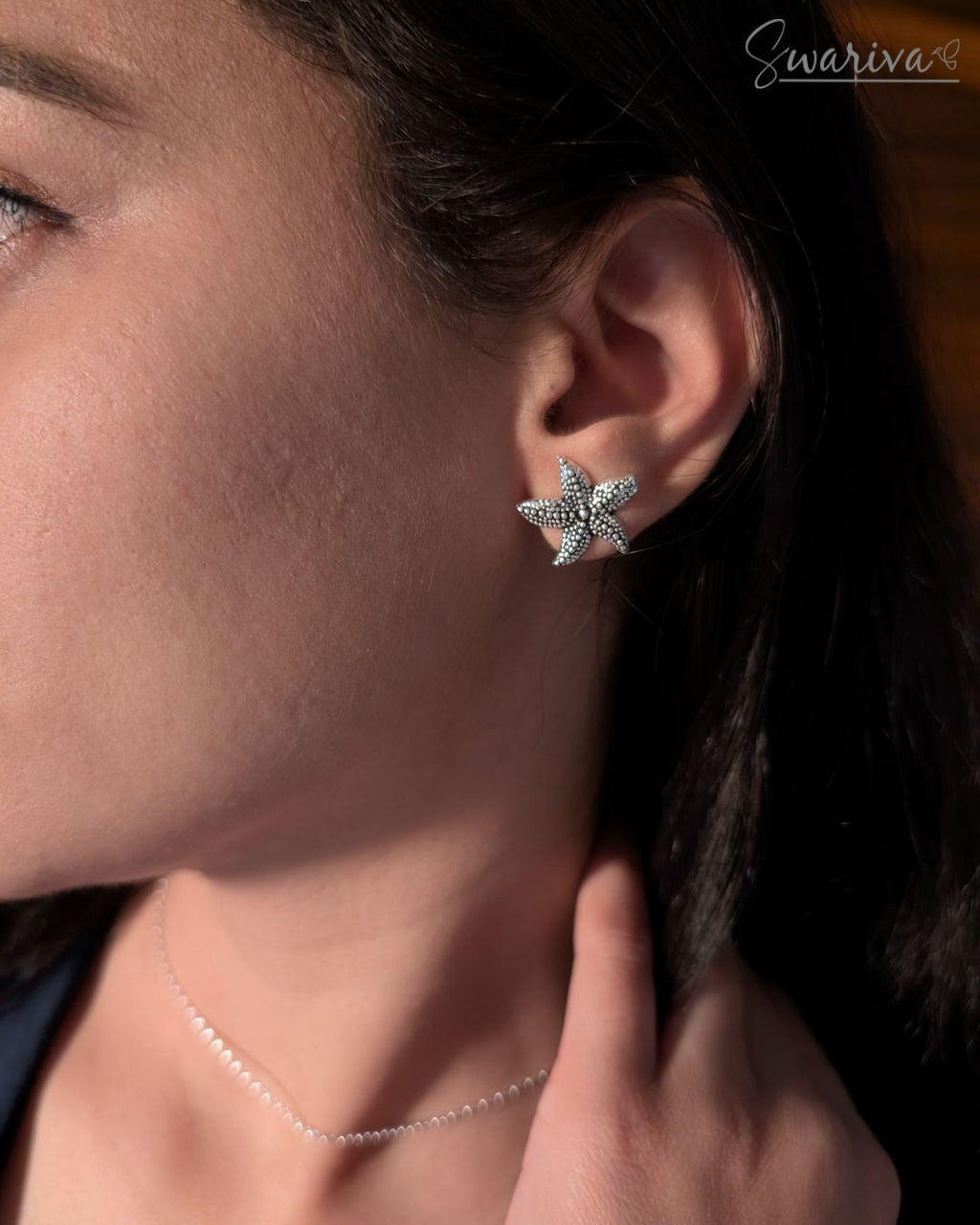 Silver Starfish Necklace Earring Ring Set