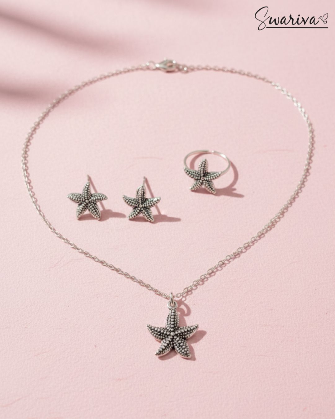 Silver Starfish Necklace Earring Ring Set