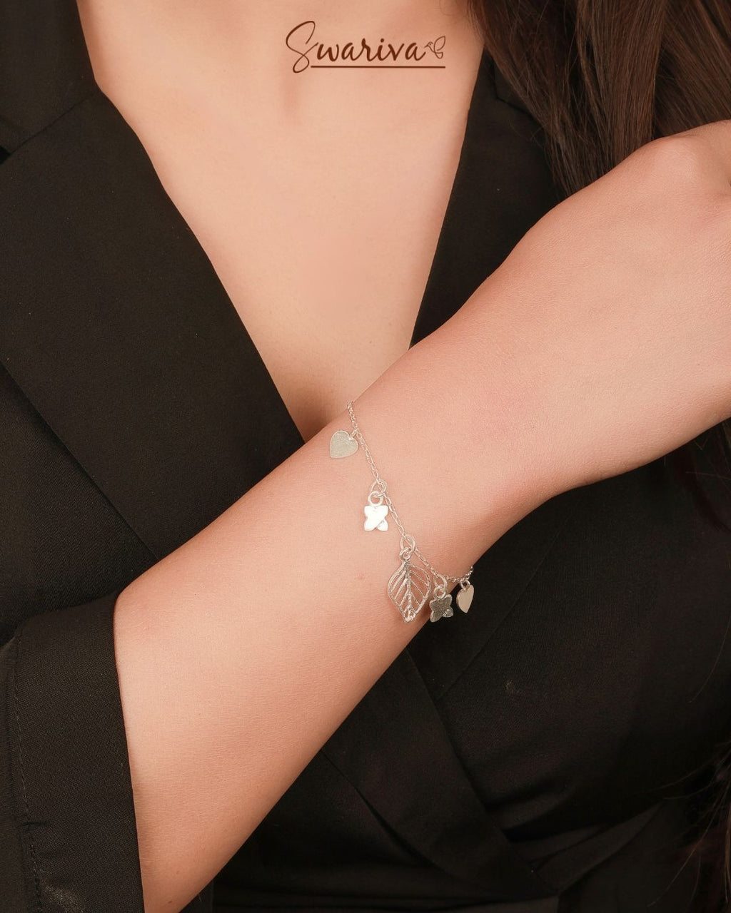 Silver Leaf & Love Charm Bracelet