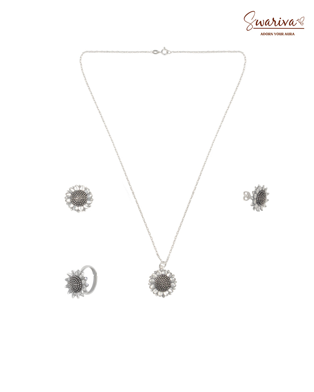 Silver Sunflower Necklace Earring Ring Set