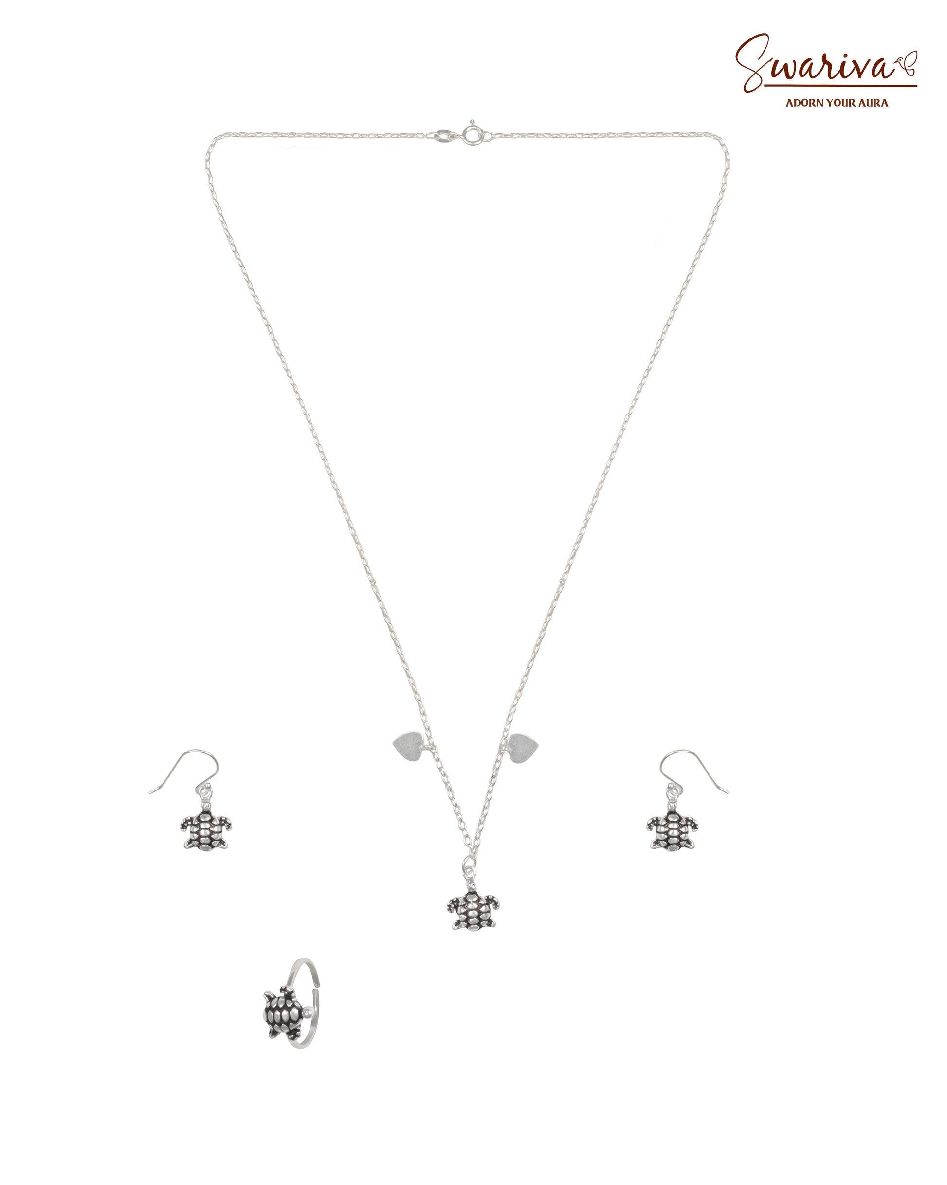 Silver Turtle Necklace Earring Ring Set