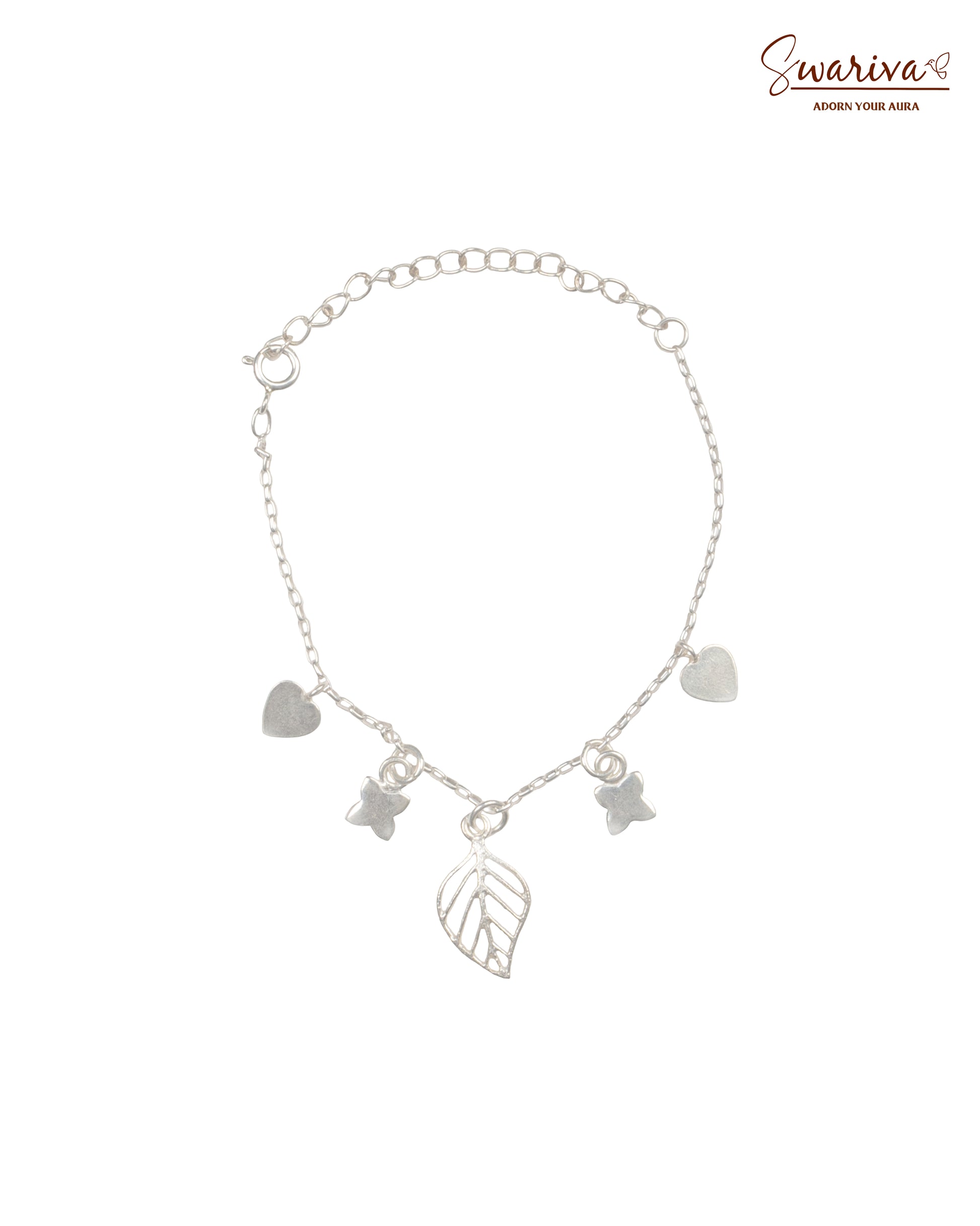 Silver Leaf & Love Charm Bracelet