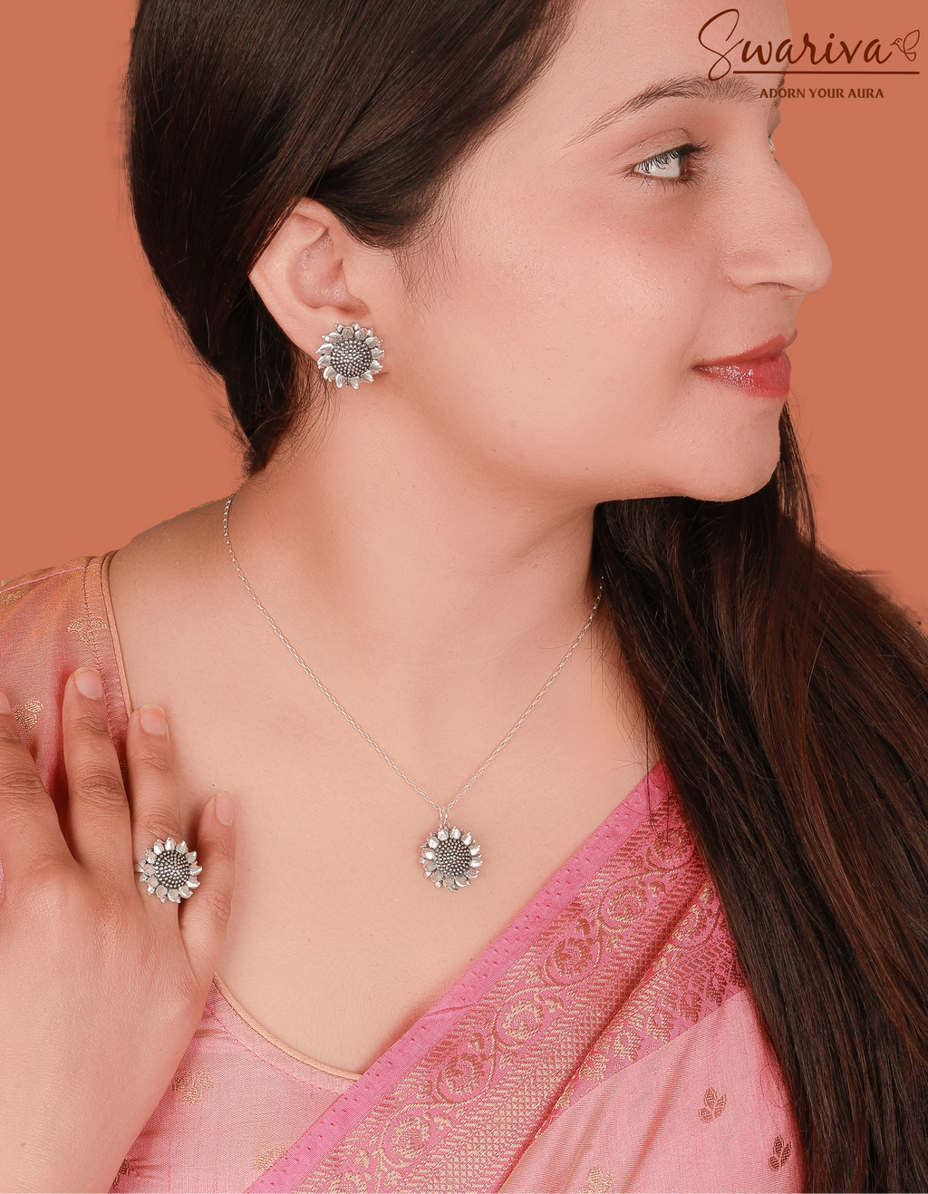 Silver Sunflower Necklace Earring Ring Set