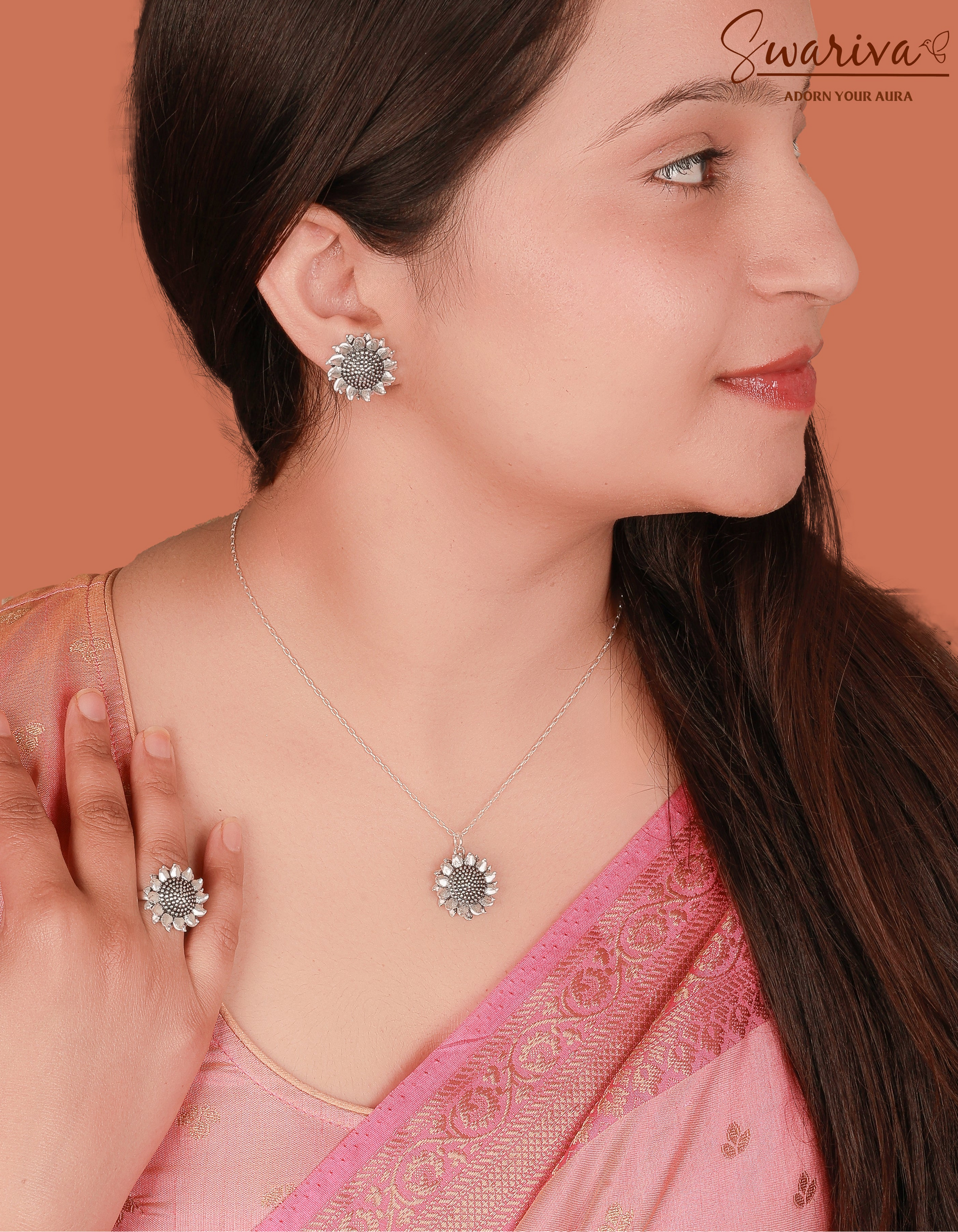 Silver Sunflower Necklace Earring Ring Set