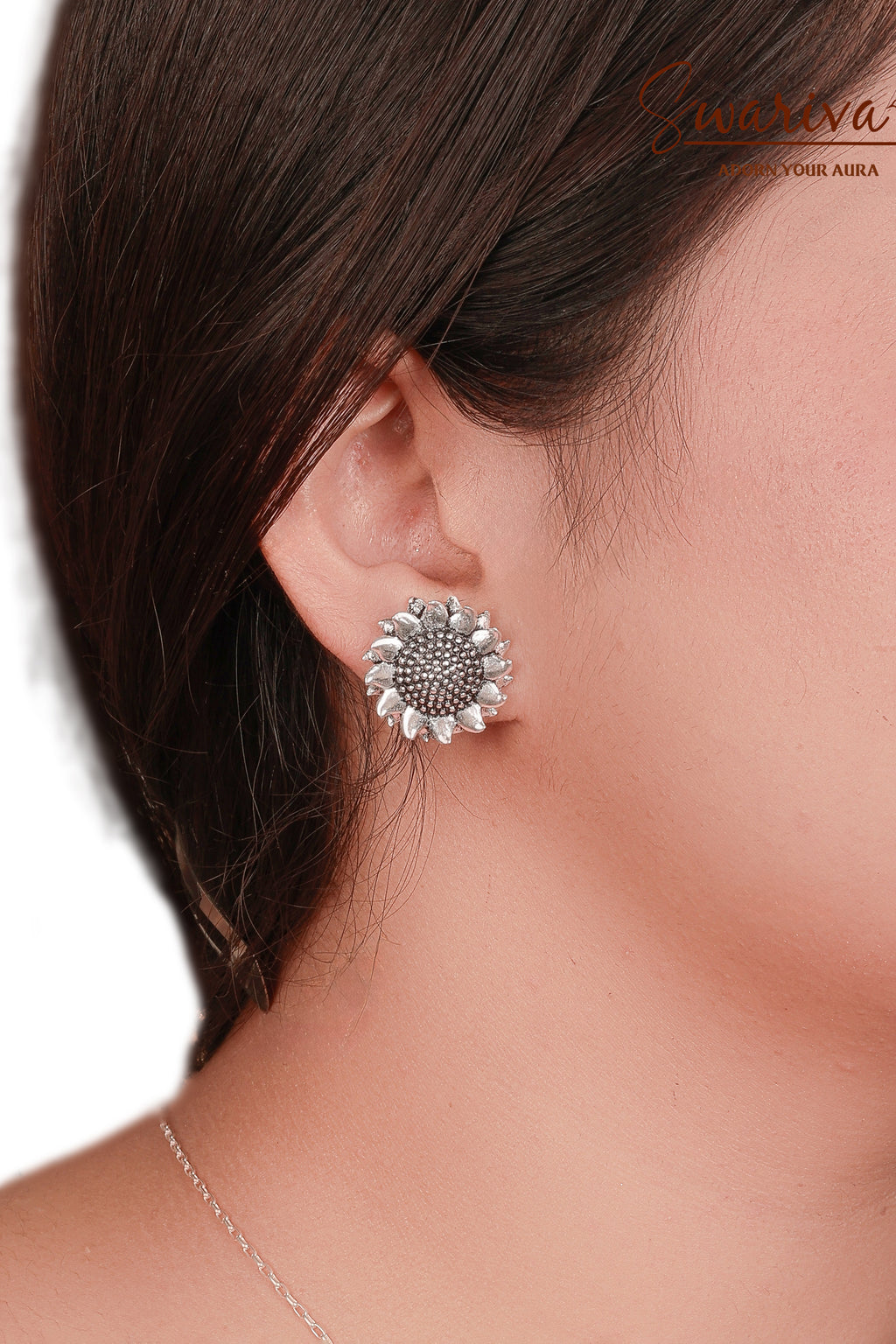 Silver Sunflower Necklace Earring Ring Set