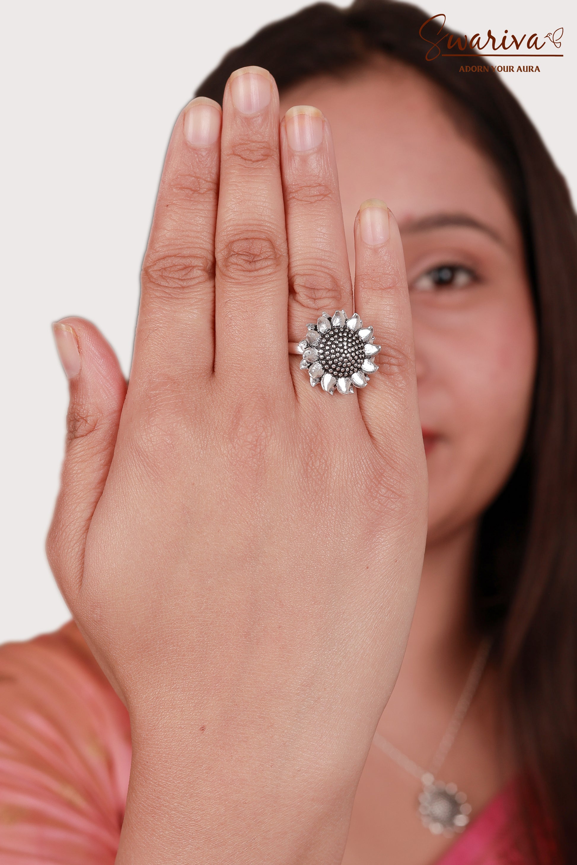 Silver Sunflower Necklace Earring Ring Set