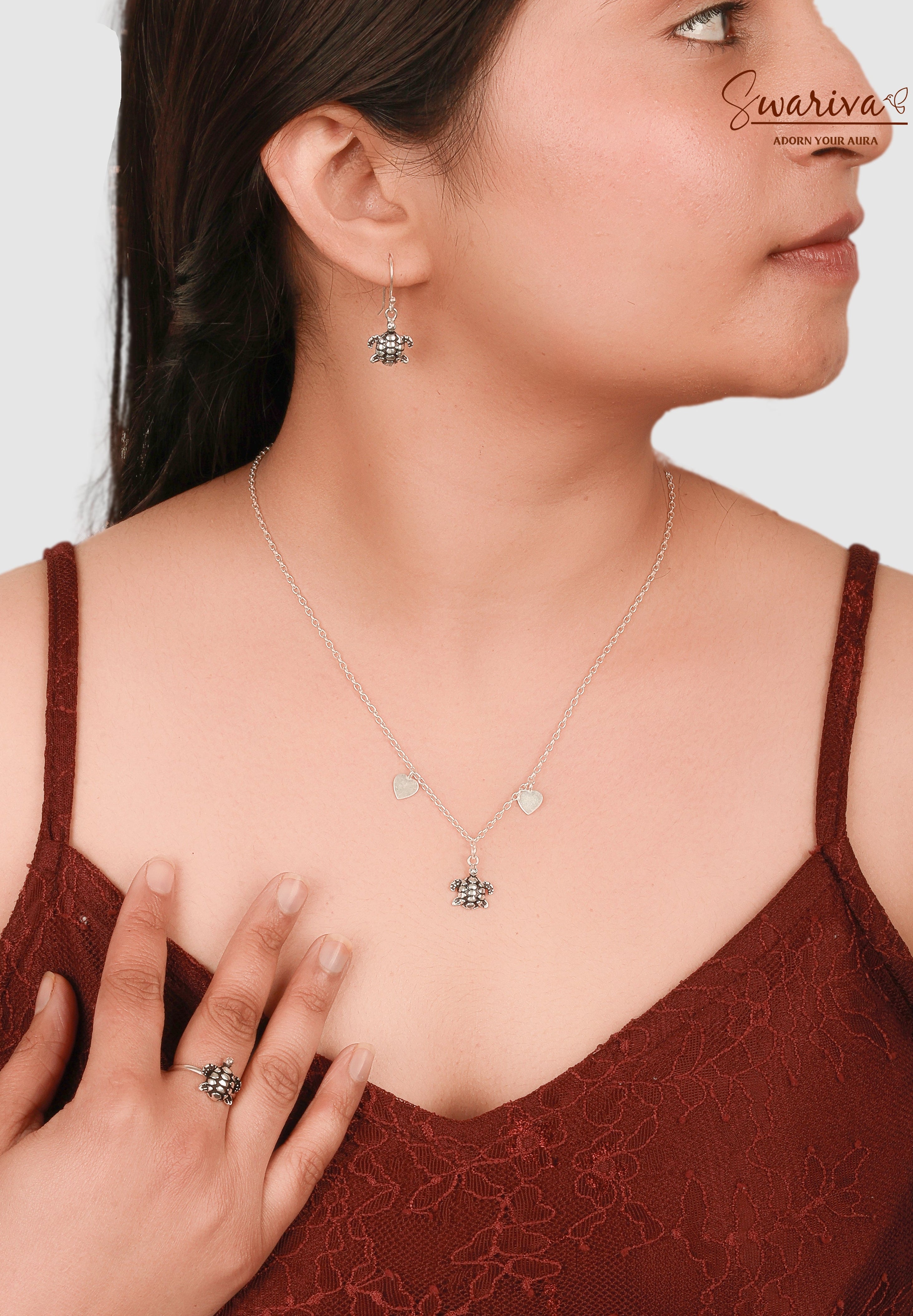 Silver Turtle Necklace Earring Ring Set