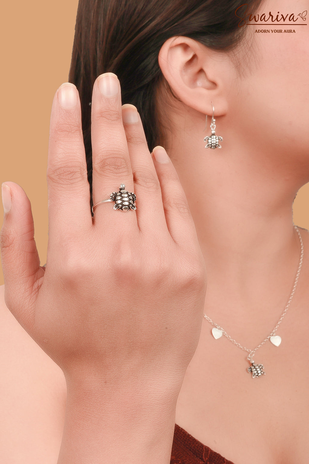 Silver Turtle Necklace Earring Ring Set